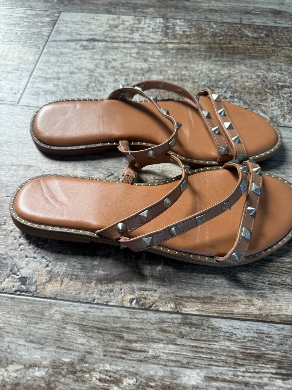 2 for $15 sale: Madden NYC brown strappy flat sandals featuring silver studs